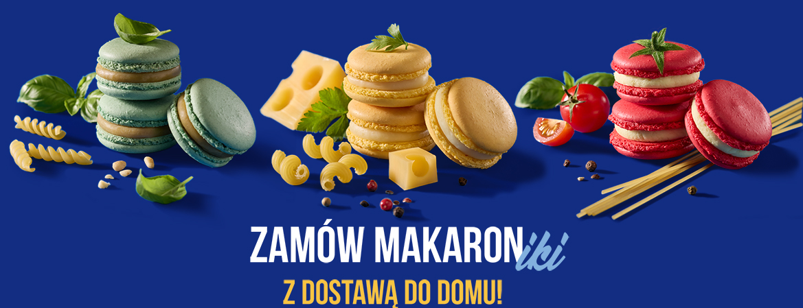 Zestaw makaroników, pysze makaroniki na niebieskim tle